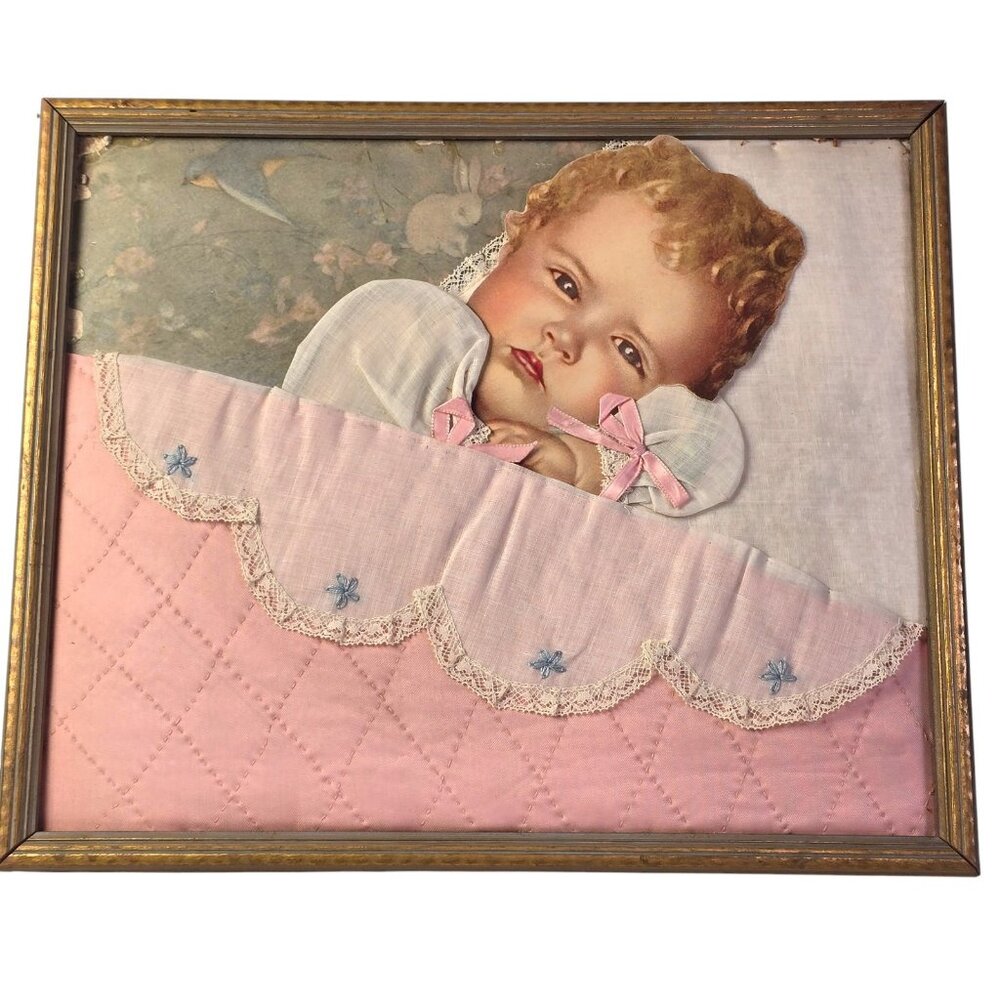 Antique Victorian Mourning Memorial Baby Picture Pink Blanket Wall Art Nursery